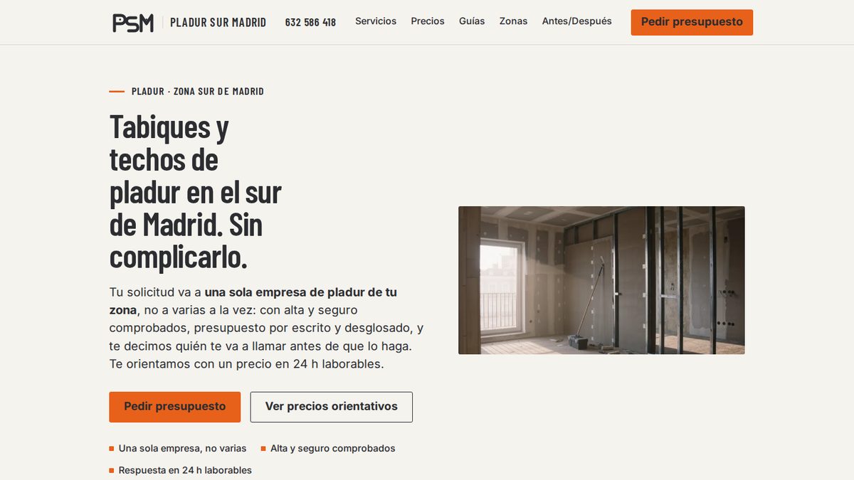 Portada de pladursurmadrid.com: «Tabiques y techos de pladur en el sur de Madrid», con botón para pedir presupuesto y foto de una obra de pladur
